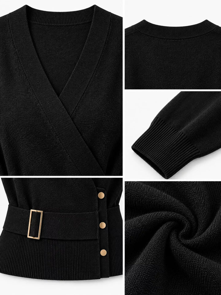 Surplice wrap front buckle belted waist in black, close-up detail