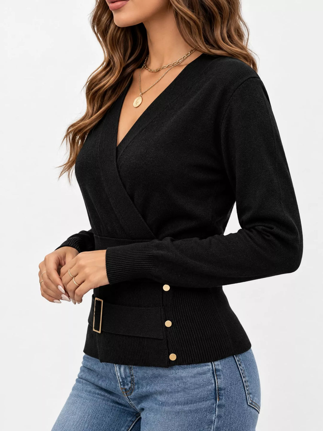 Surplice wrap front buckle belted waist in black, styled on model 3