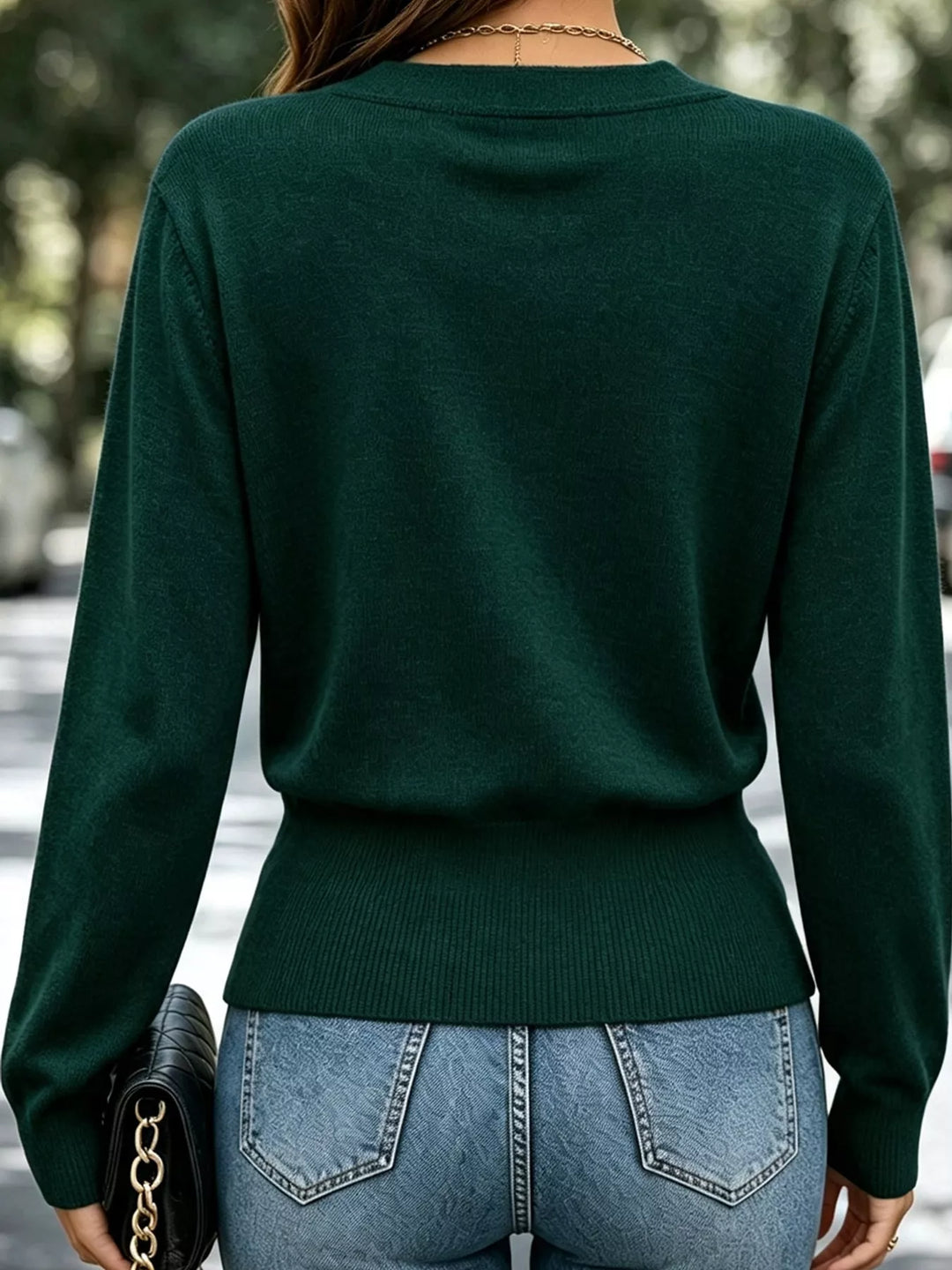 Surplice wrap front buckle belted waist in dark green, back view