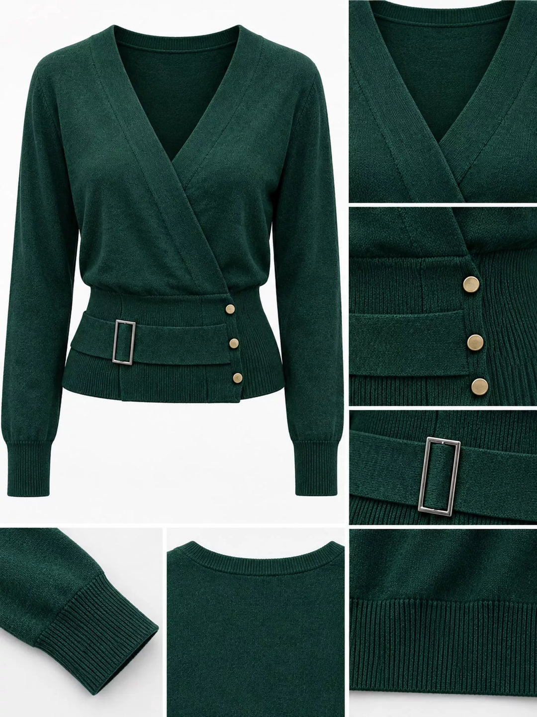 Surplice wrap front buckle belted waist in dark green, close-up detail