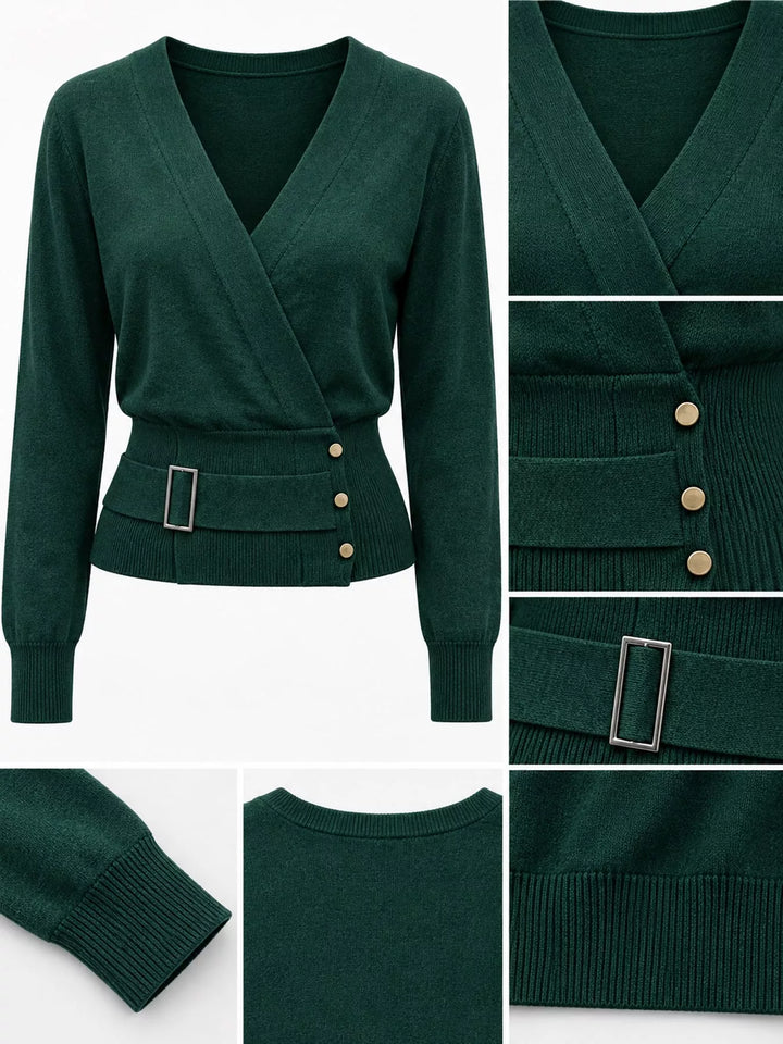 Surplice wrap front buckle belted waist in dark green, close-up detail