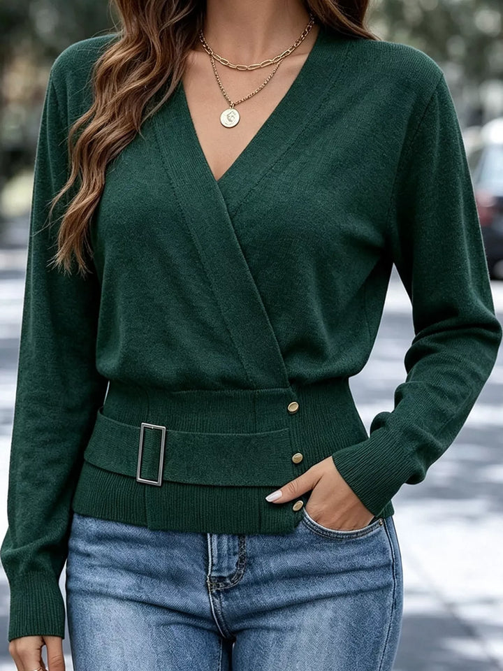Surplice wrap front buckle belted waist in dark green, front view