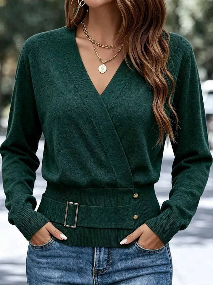Surplice wrap front buckle belted waist in dark green, styled on model