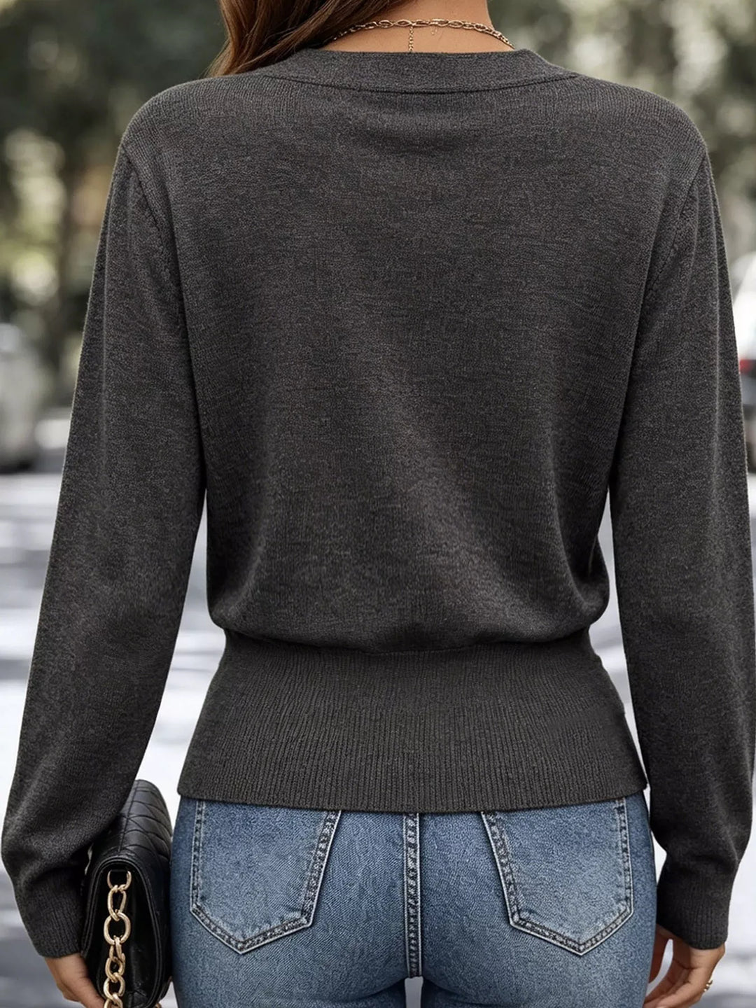 Surplice wrap front buckle belted waist in gray, back view