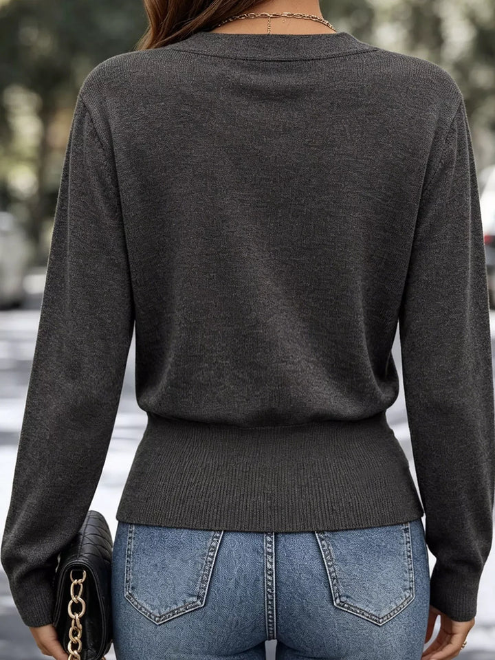 Surplice wrap front buckle belted waist in gray, back view
