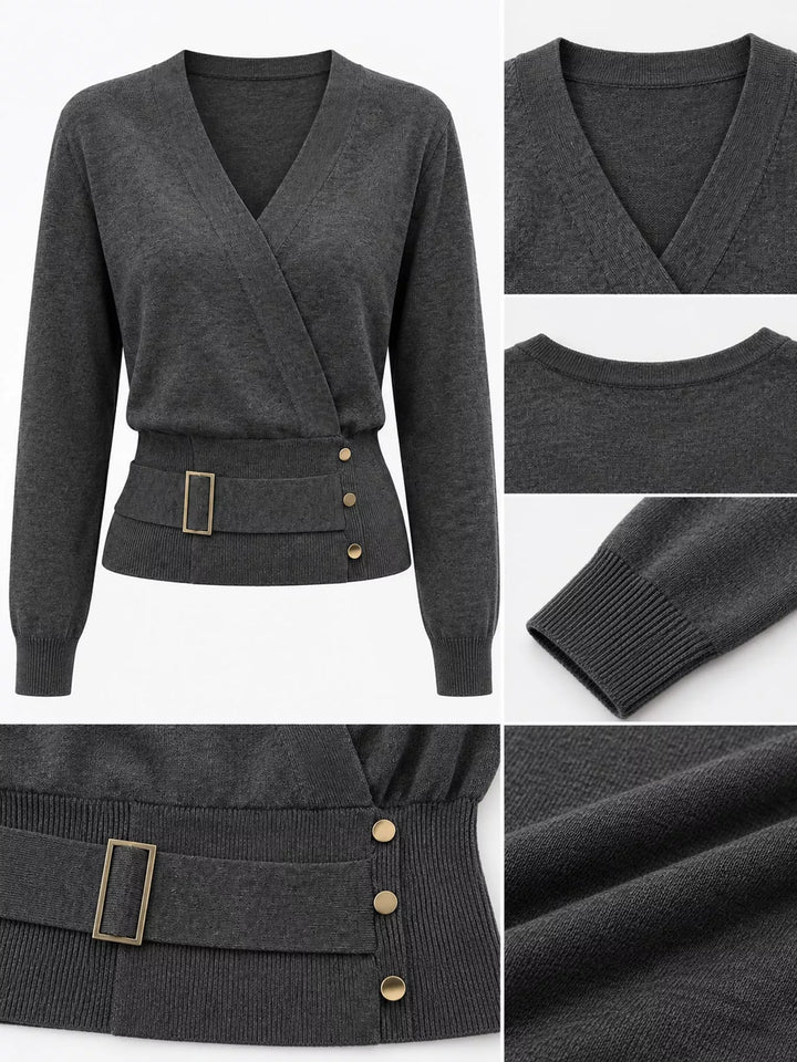 Surplice wrap front buckle belted waist in gray, close-up detail