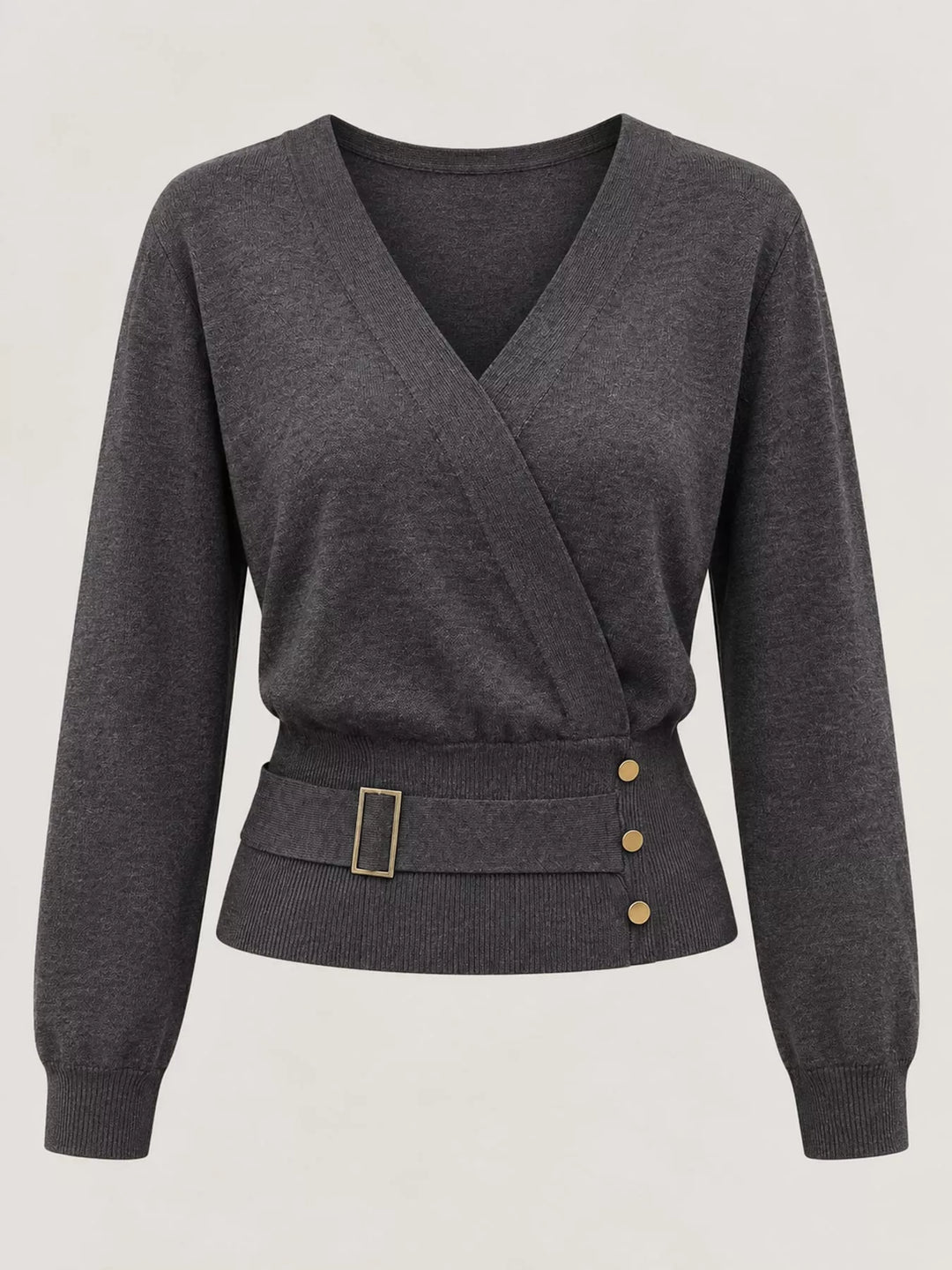 Surplice wrap front buckle belted waist in gray, flat lay