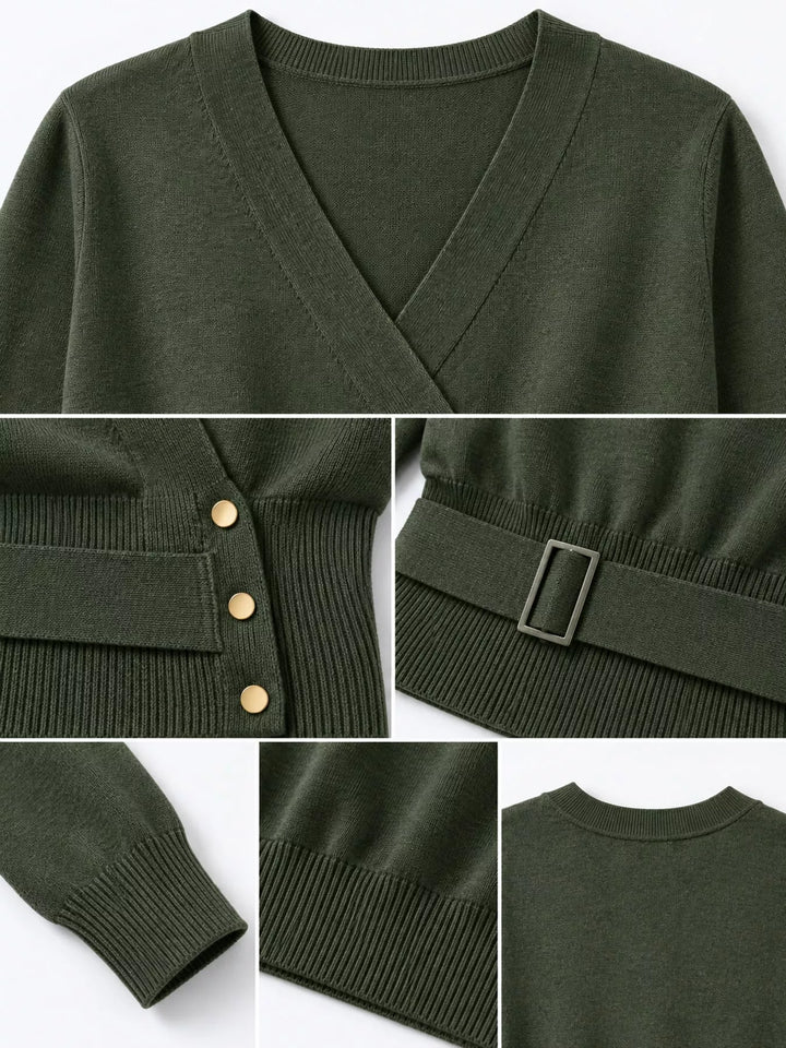 Surplice wrap front buckle belted waist in medium army green, close-up detail