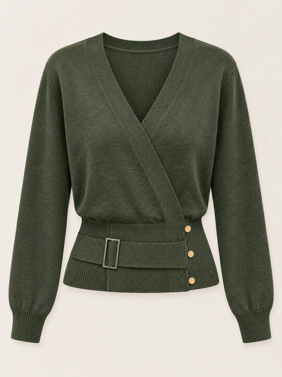 Surplice wrap front buckle belted waist in medium army green, flat lay