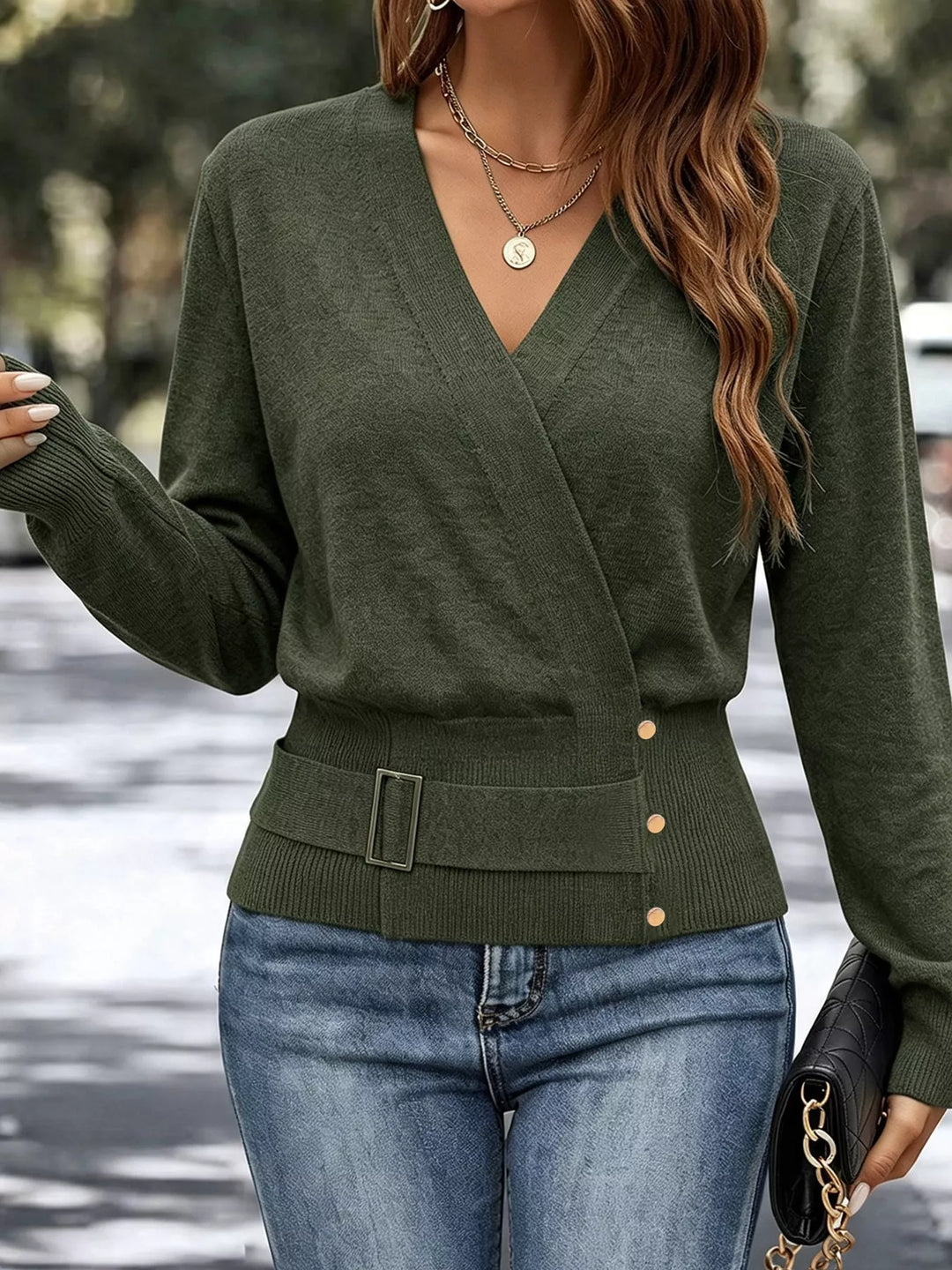 Surplice wrap front buckle belted waist in medium army green, front view