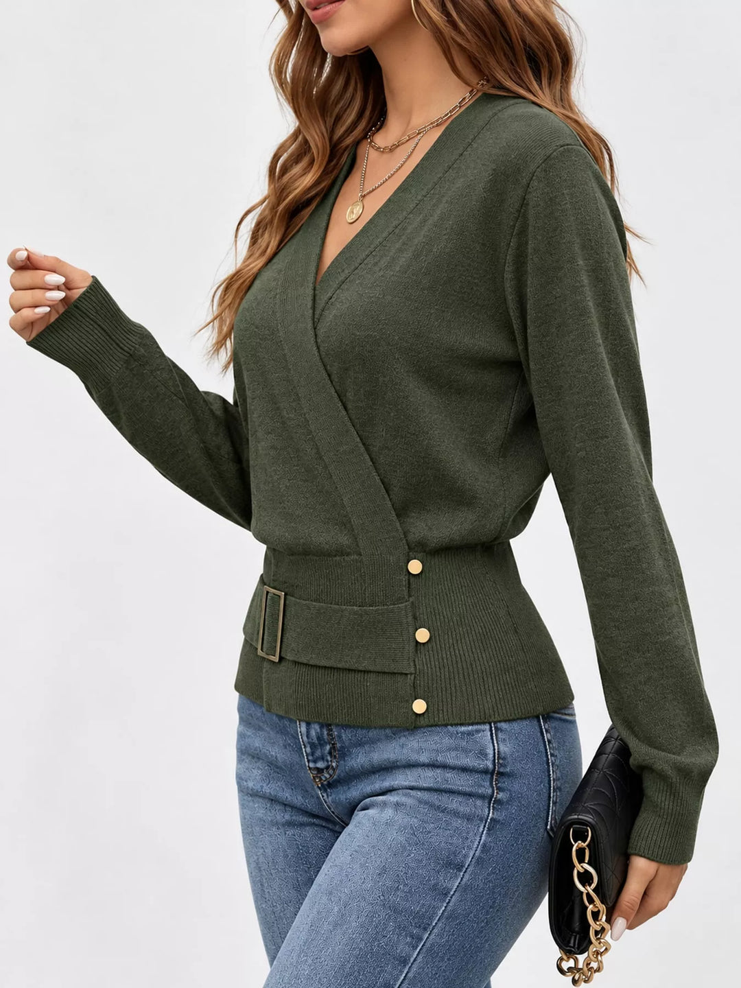 Surplice wrap front buckle belted waist in medium army green, styled on model 2