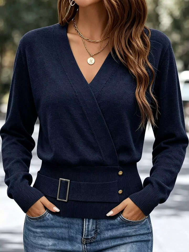 Surplice wrap front buckle belted waist in navy, front view