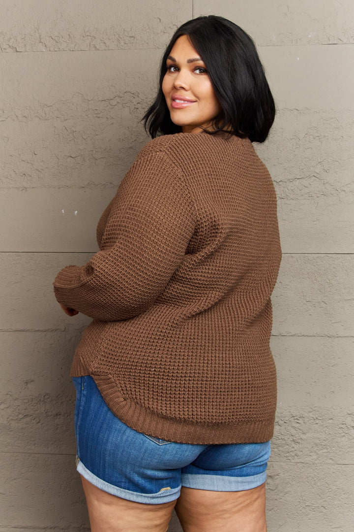 Waffle high low hem side slits plus size in brown, back view