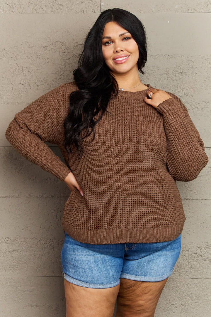 Women's knit sweater in brown, waffle high low hem side slits plus size