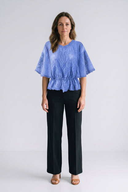 Women's Lace Blouse | Scalloped Trim — Blue — front view — on model