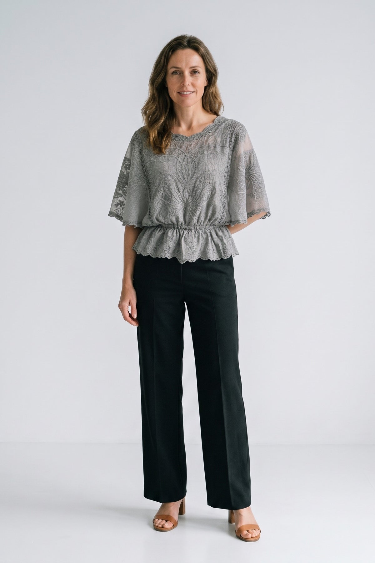 Women's Lace Blouse | Scalloped Trim — Grey — front view — on model