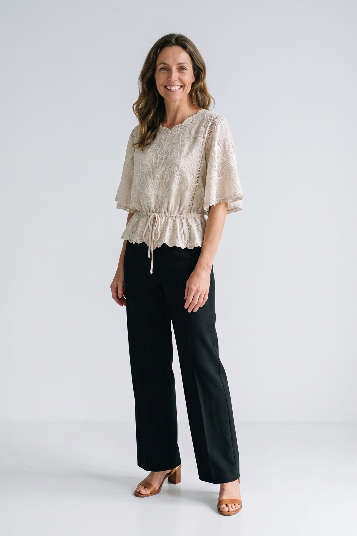 Women's Lace Blouse | Scalloped Trim — Khaki — front view — on model