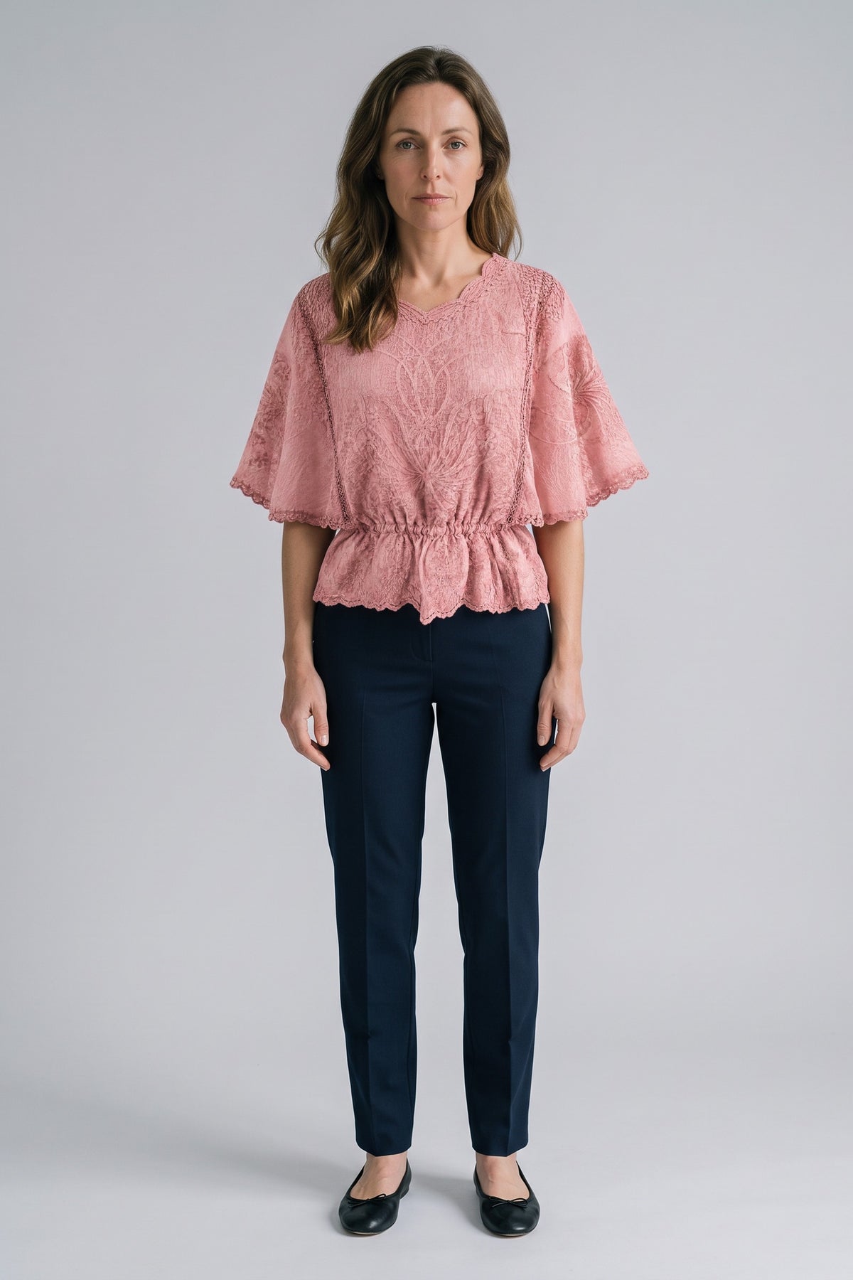 Women's Lace Blouse | Scalloped Trim — Pink — front view — on model