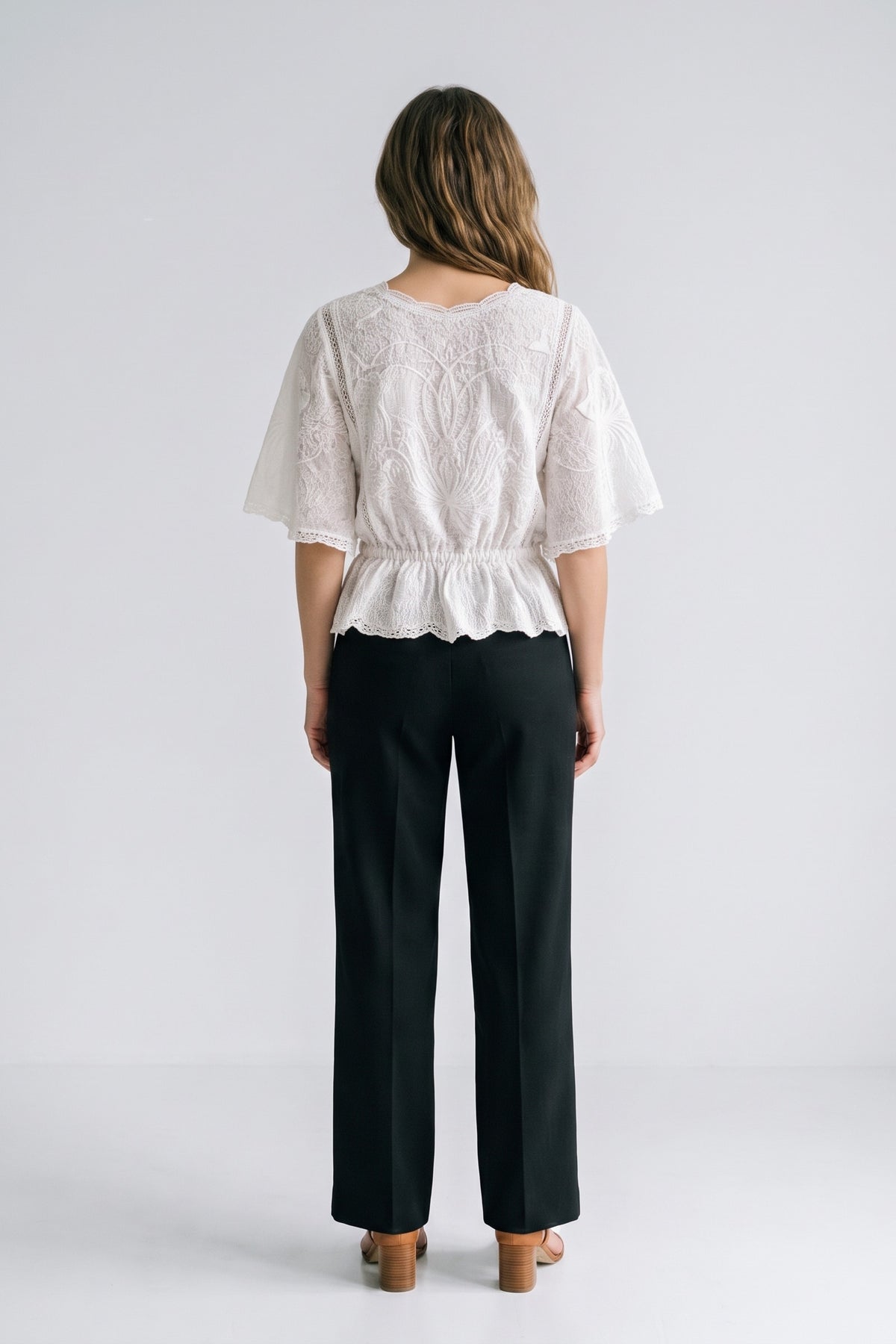Women's Lace Blouse | Scalloped Trim — White — back view — on model