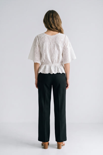 Women's Lace Blouse | Scalloped Trim — White — back view — on model