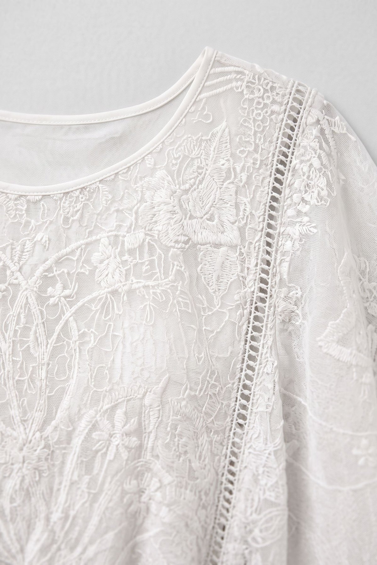 Women's Lace Blouse | Scalloped Trim — White — detail — on model