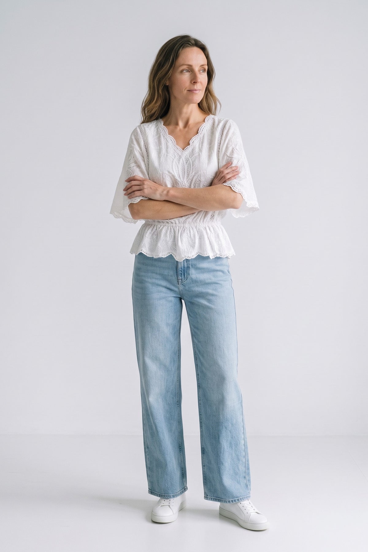 Women's Lace Blouse | Scalloped Trim — White — front view — on model