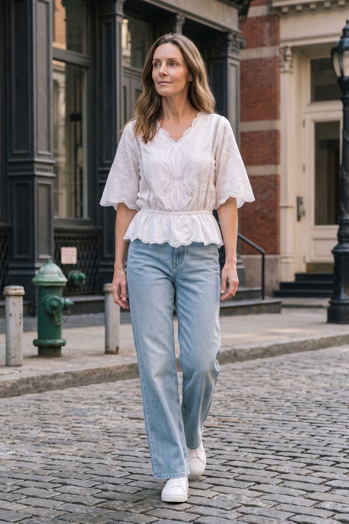 Women's Lace Blouse | Scalloped Trim — White — lifestyle — on model