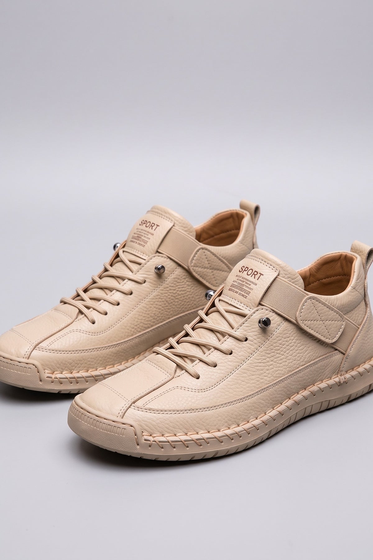 Women's Lace-Up Sneaker | Round Toe — Beige — shoe_main — on model