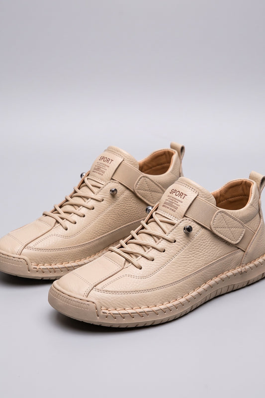 Women's Lace-Up Sneaker | Round Toe — Beige — shoe_main — on model