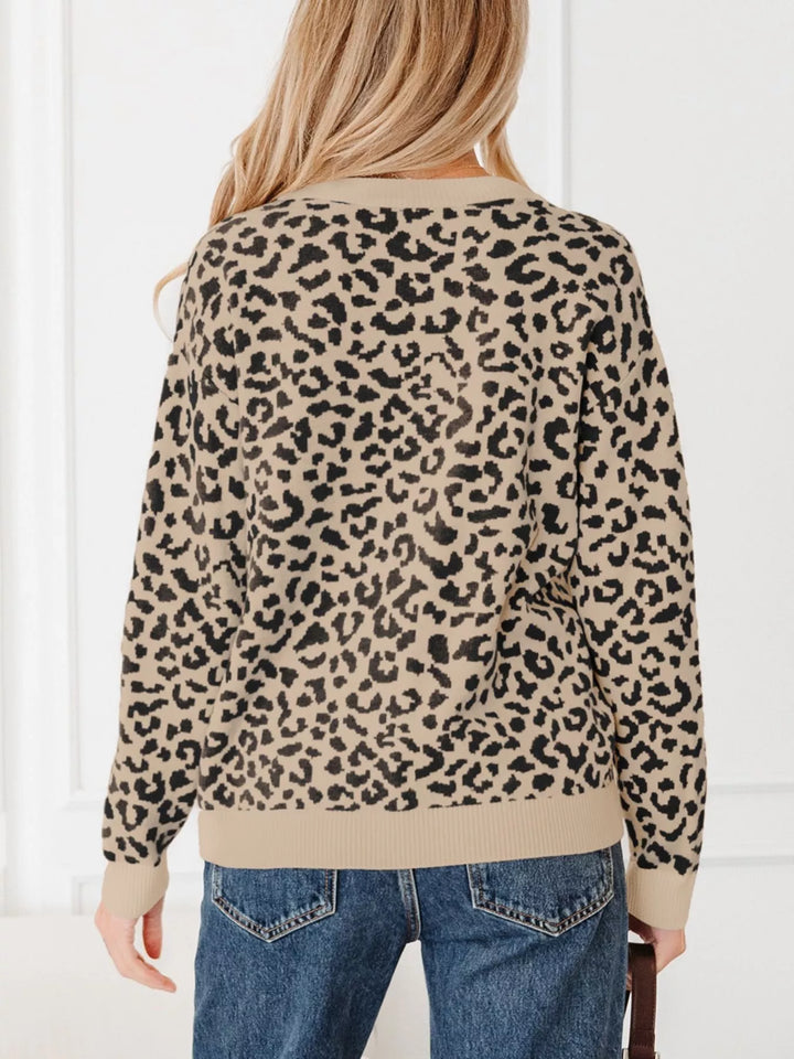 Back view of the camel leopard print cardigan with ribbed hem
