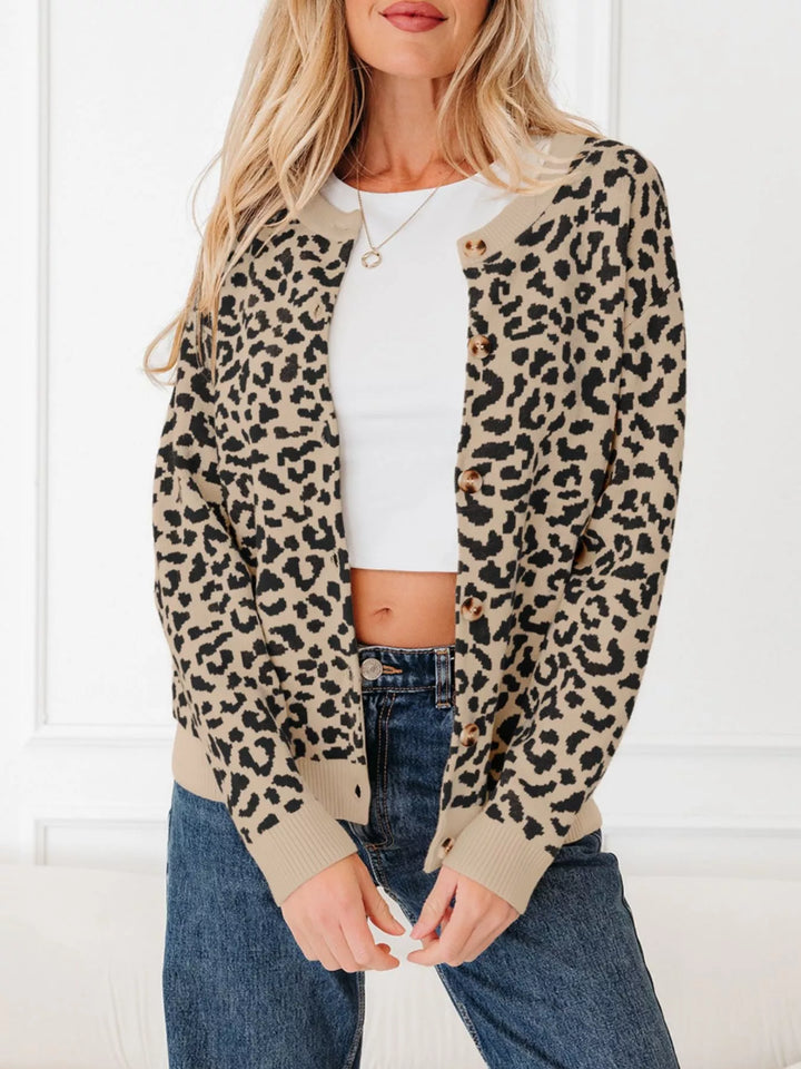 Camel leopard print cardigan with ribbed trim, worn open over a white top