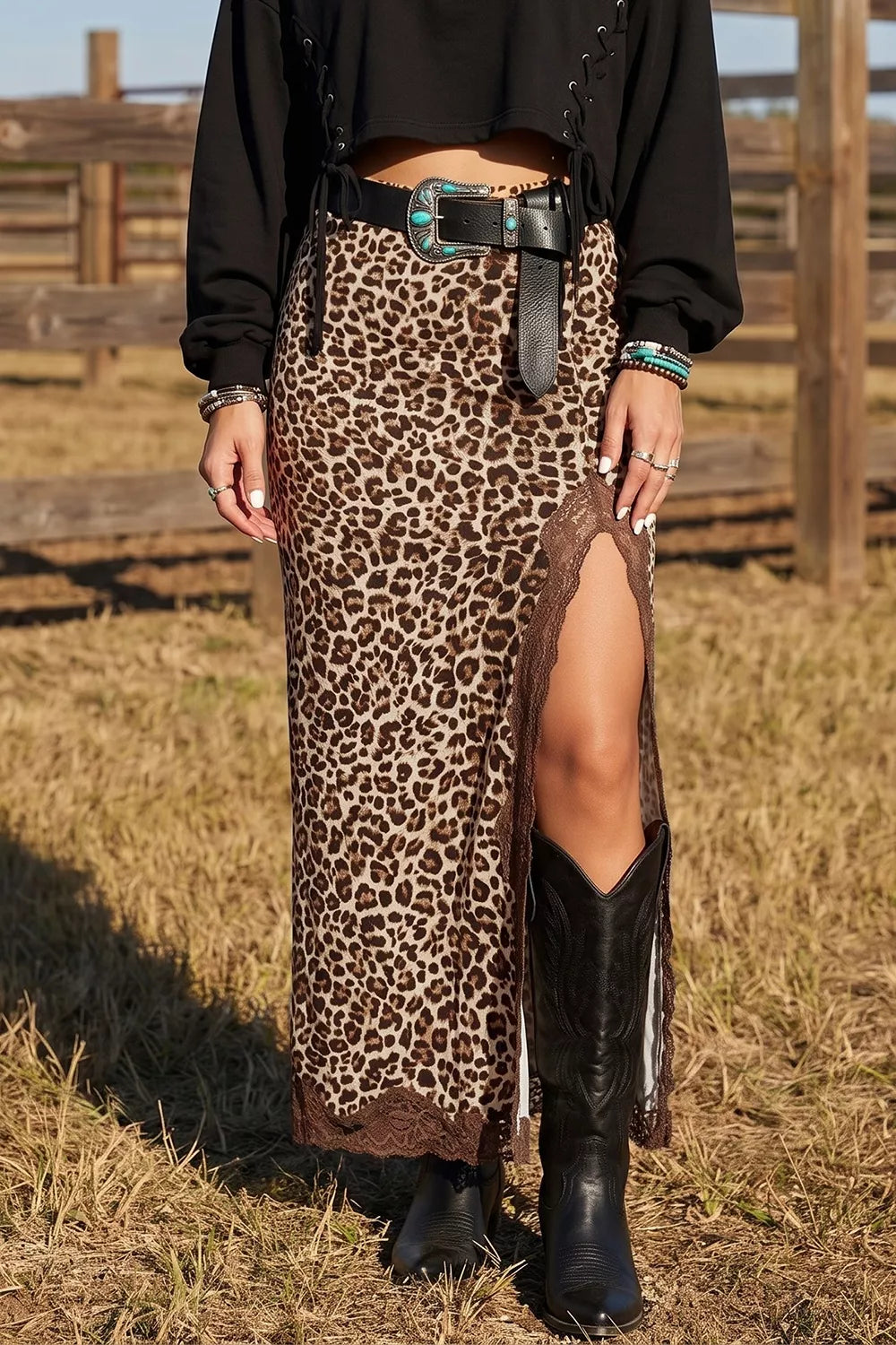 Women's leopard print skirt, long fitted style with high side slit and black boots