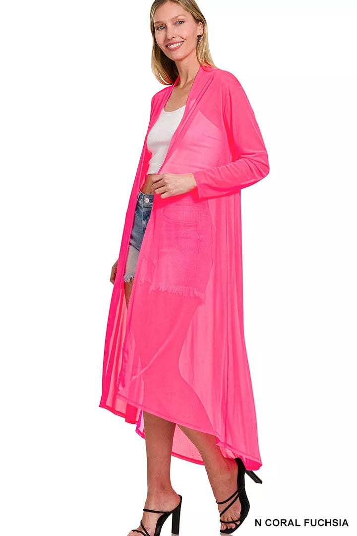 Women's long cardigan in hot pink, sheer mesh open front duster, full length