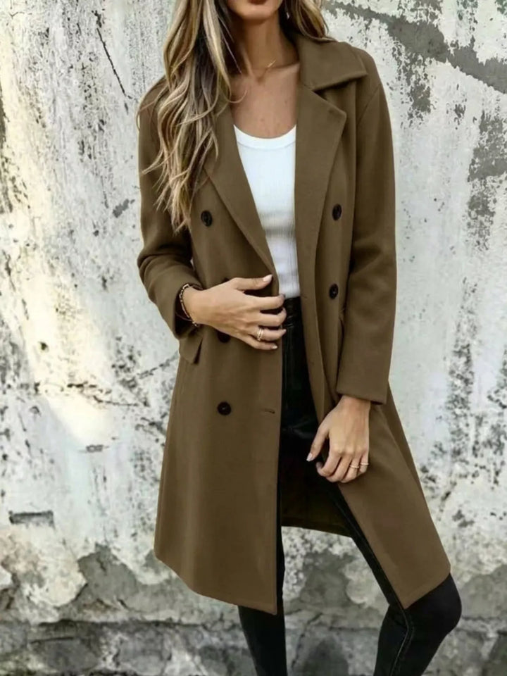 Olive long coat with double breasted front and lapel collar, front view