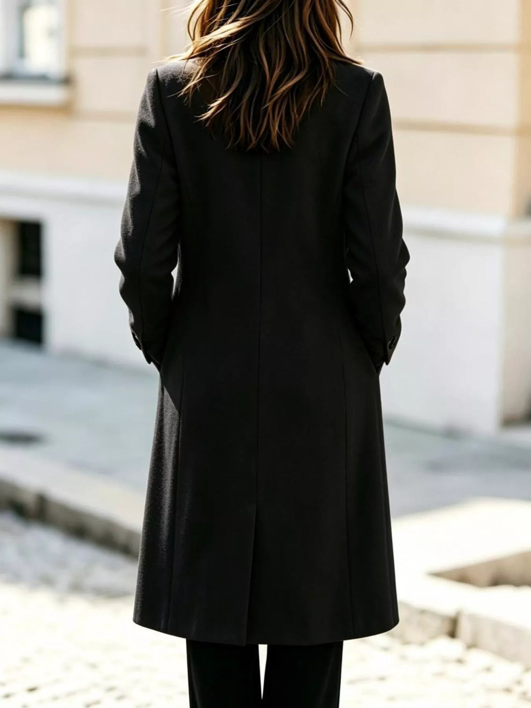 Back view of the black mid calf long coat