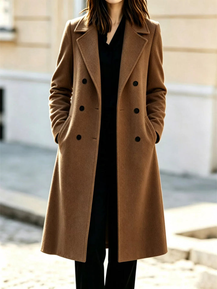Women's long coat in camel, double breasted with notch lapel, front view