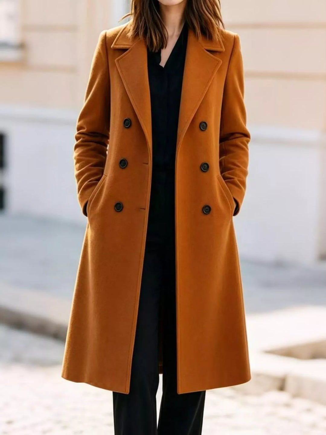 Cognac double breasted long coat with a notch lapel, front view