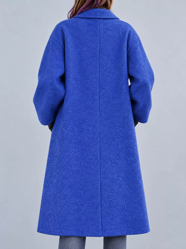 Oversized lapel one button longline in bright blue, back view