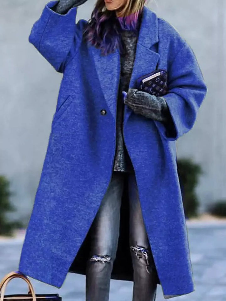 Oversized lapel one button longline in bright blue, front view