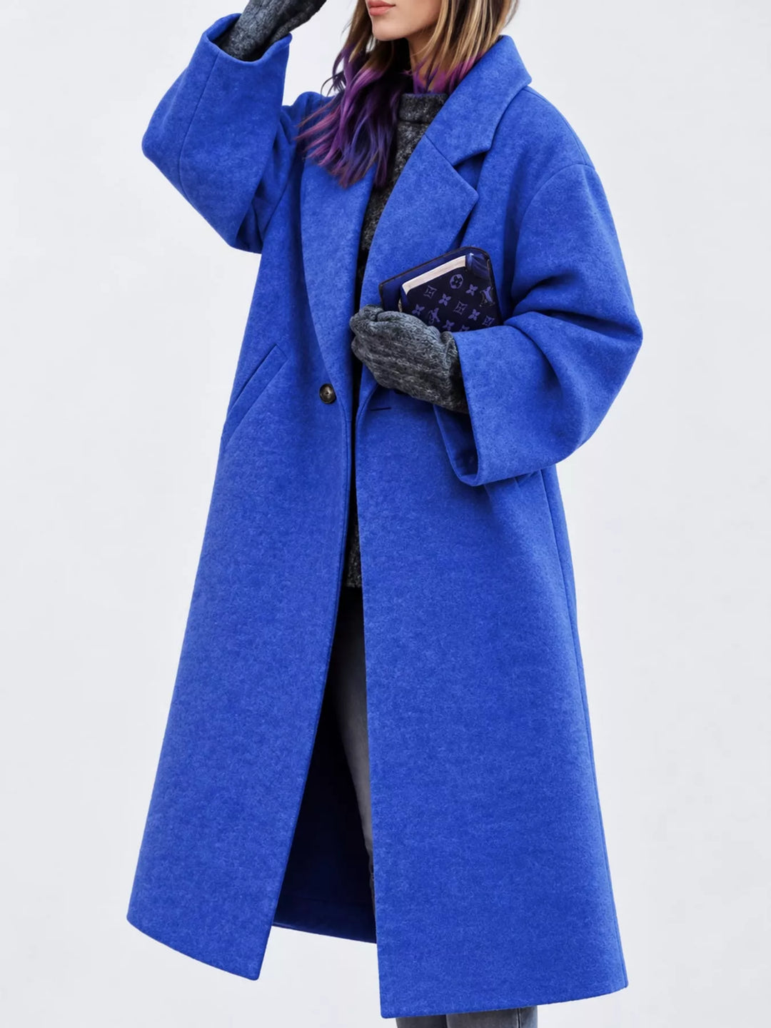 Oversized lapel one button longline in bright blue, styled on model