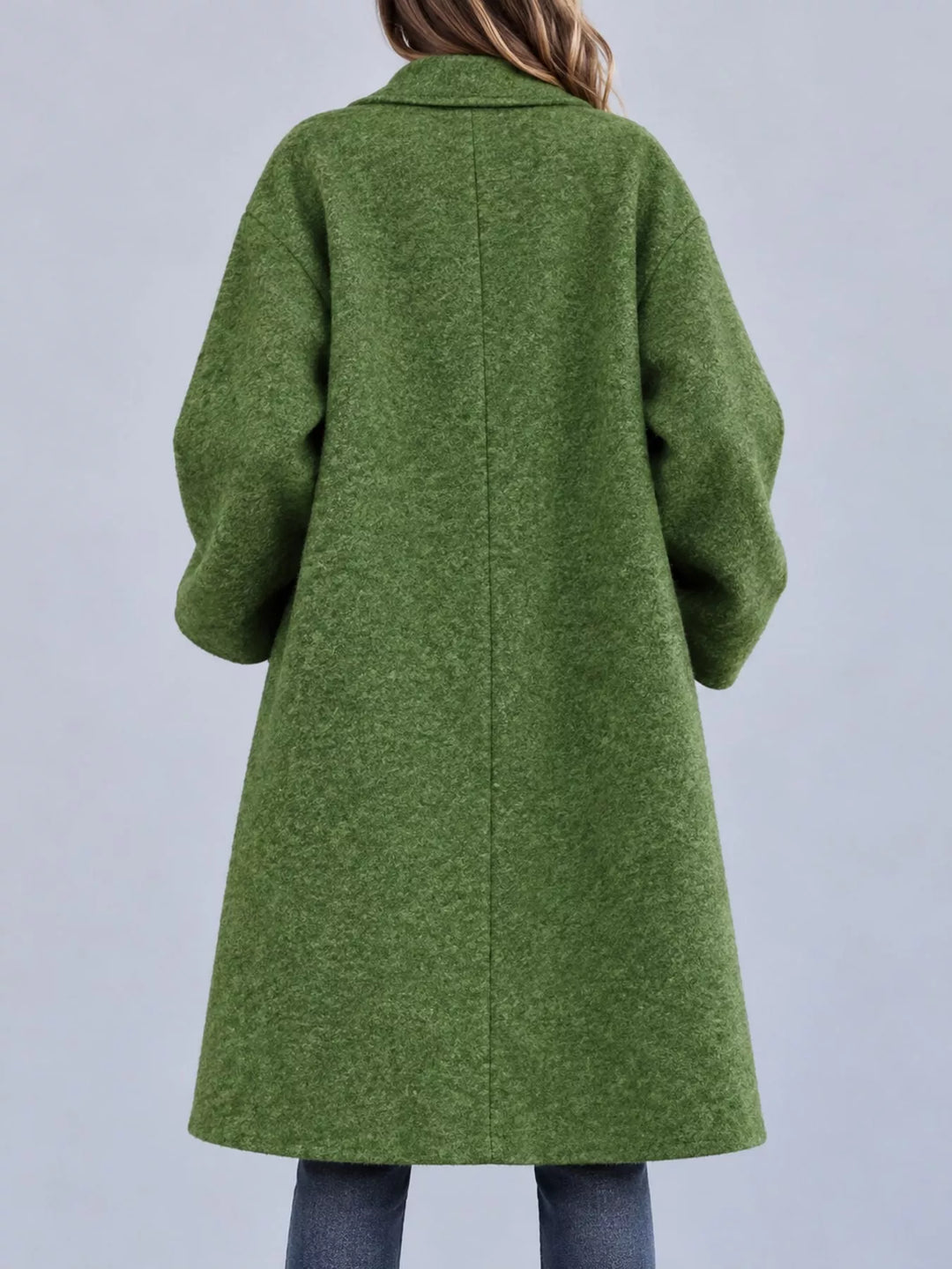 Oversized lapel one button longline in dark green, back view