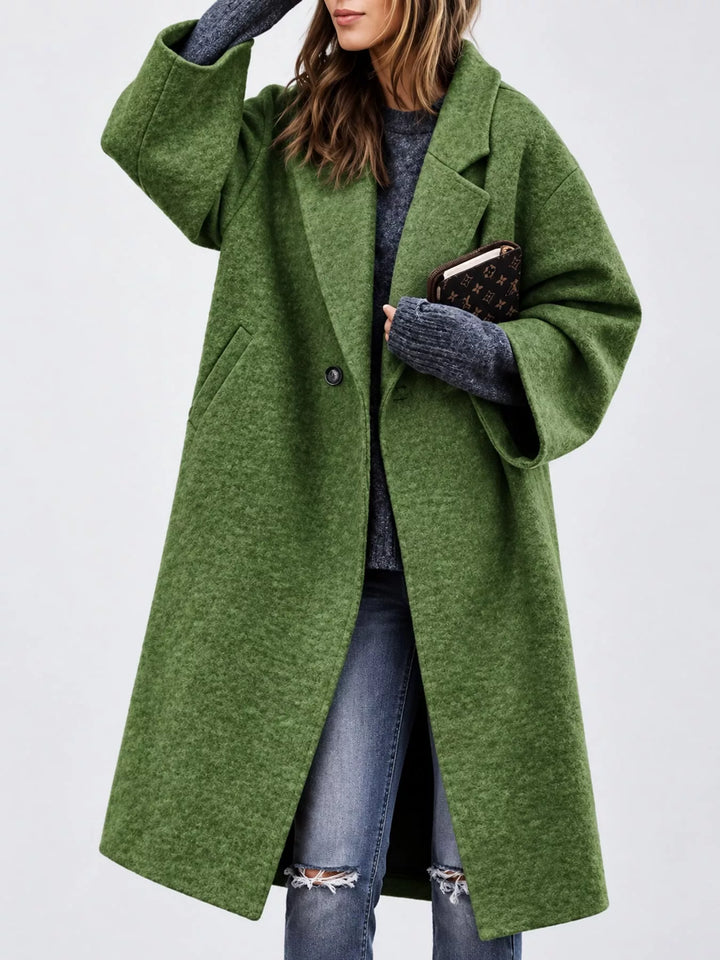 Oversized lapel one button longline in dark green, styled on model