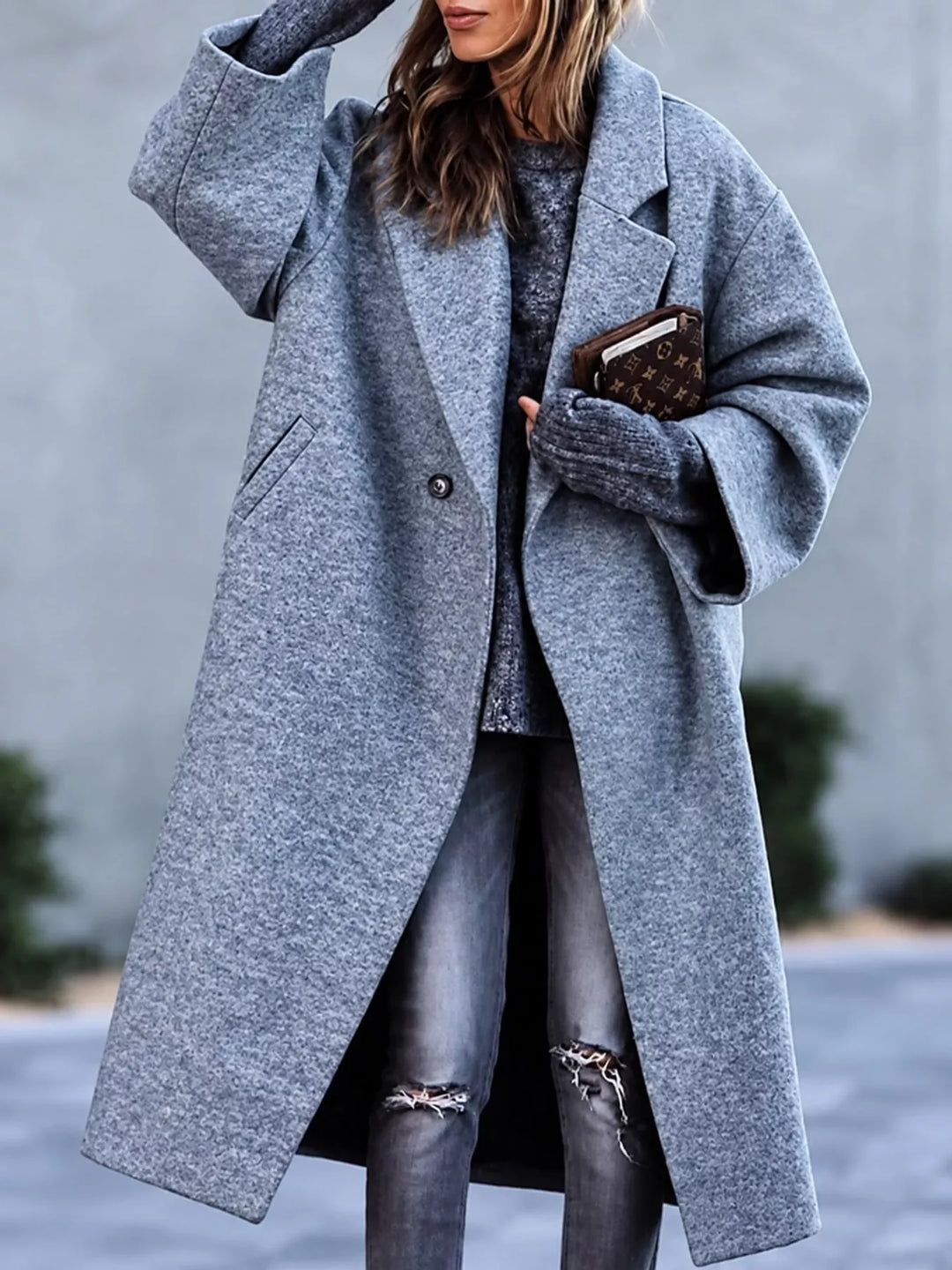 Oversized lapel one button longline in gray, front view