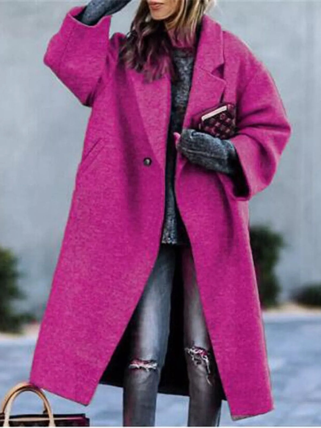 Oversized lapel one button longline in hot pink, front view