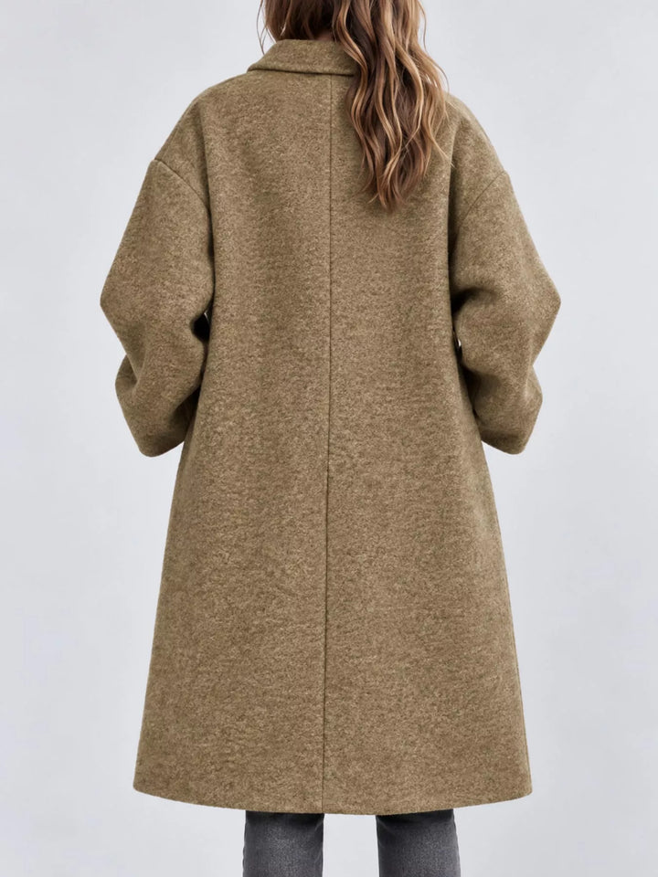 Oversized lapel one button longline in khaki, back view
