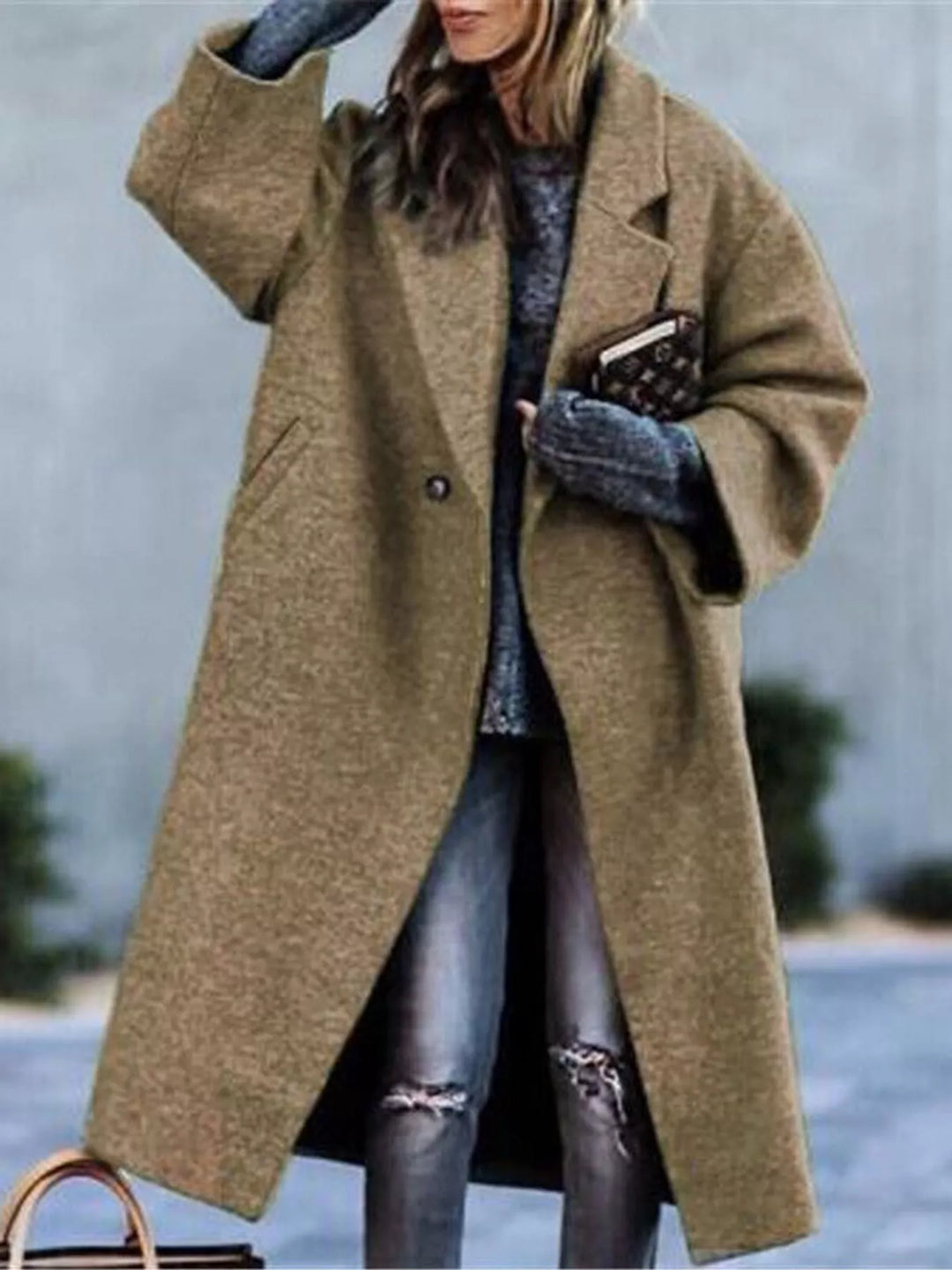 Women's long coat in khaki, oversized lapel one button longline