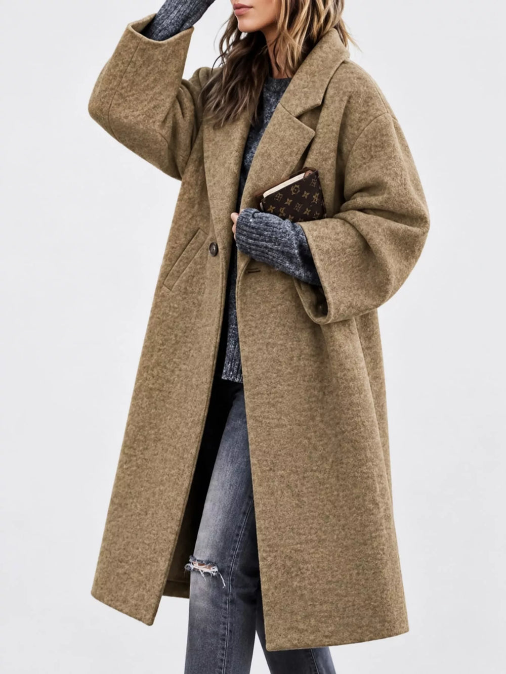 Oversized lapel one button longline in khaki, styled on model