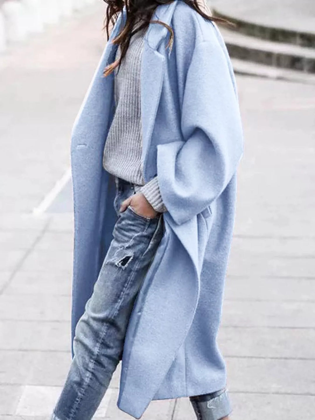 Oversized lapel one button longline in light blue, front view