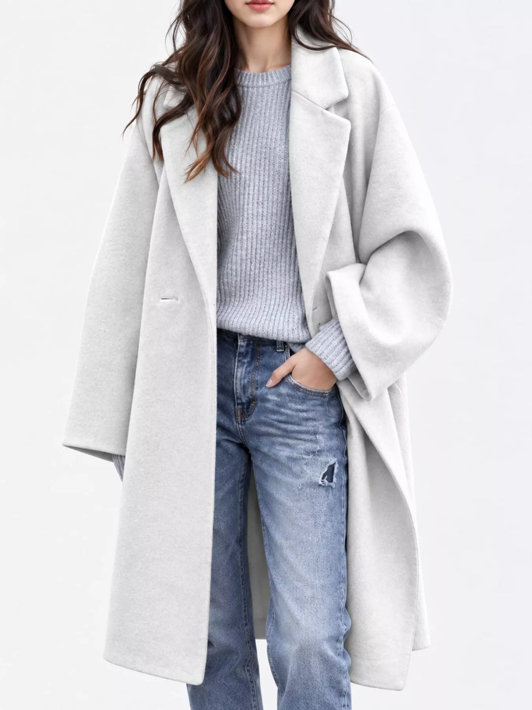 Oversized lapel one button longline in white, front view