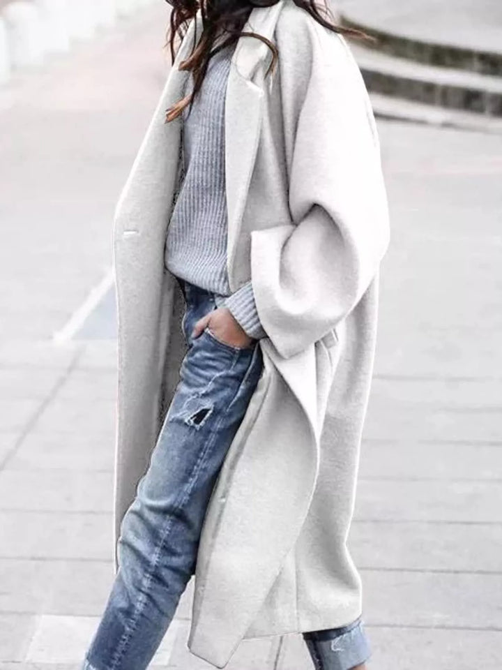 Oversized lapel one button longline in white, styled on model